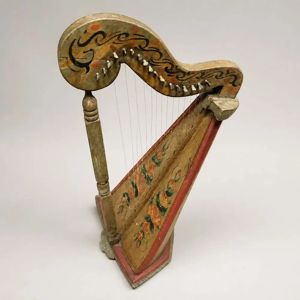 Antique 19thC Folk Art Table Harp Painted Lap Harp Zither Celtic Parlor Instrume